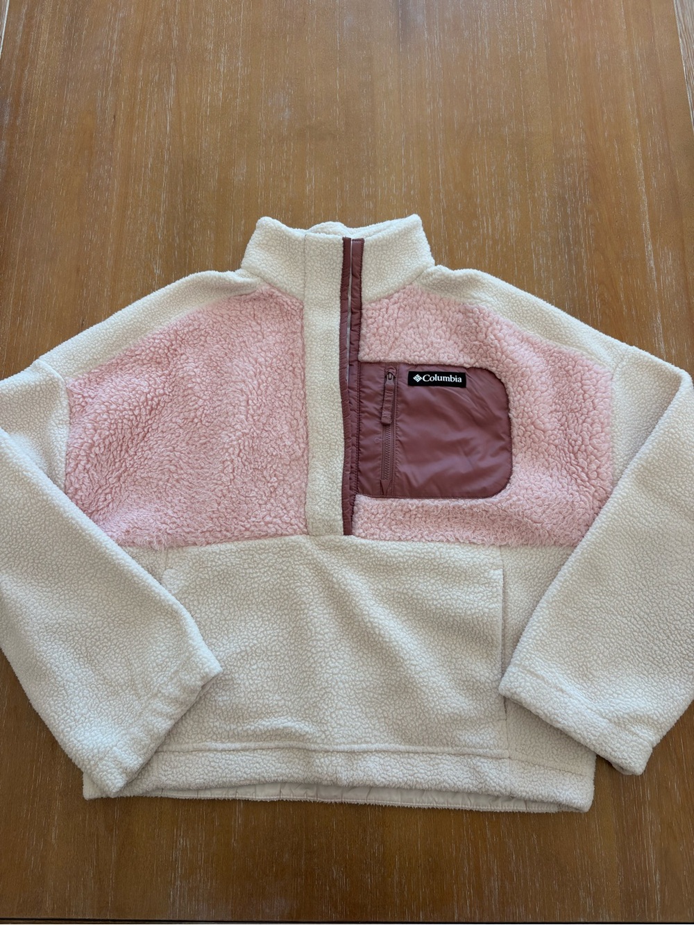 Columbia Cream Sherpa Pullover with Pink Panels and Maroon Pocket